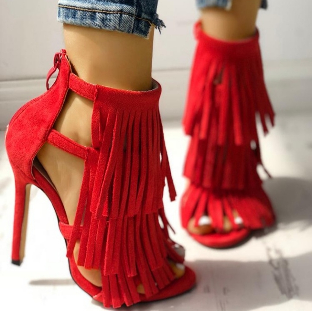 Red suede ruffle heel shoes good condition